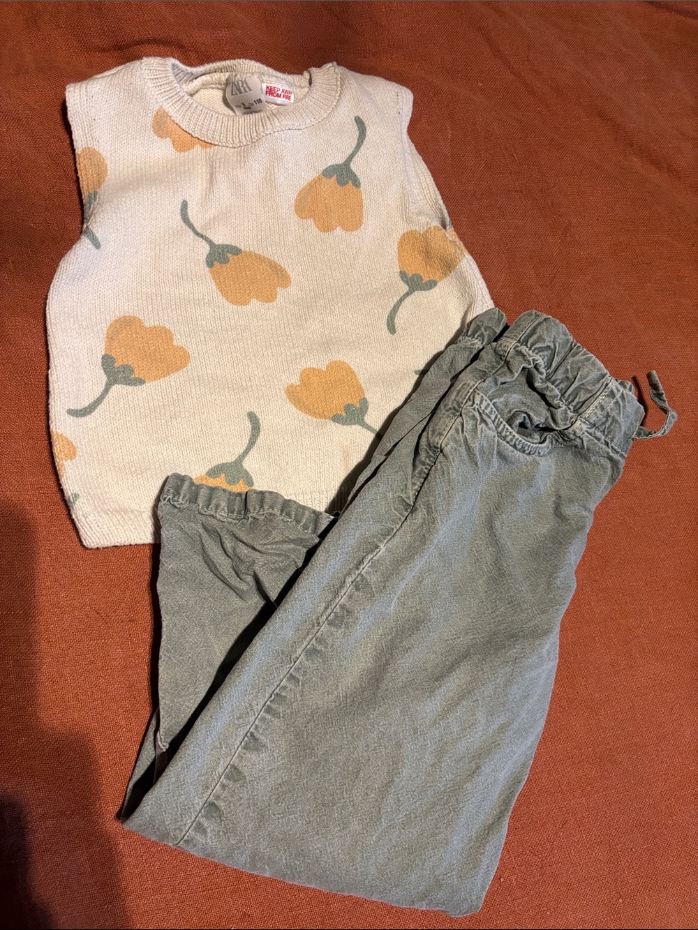 Green Corduroy Ankle Pants and Cream Floral Knit Vest Set